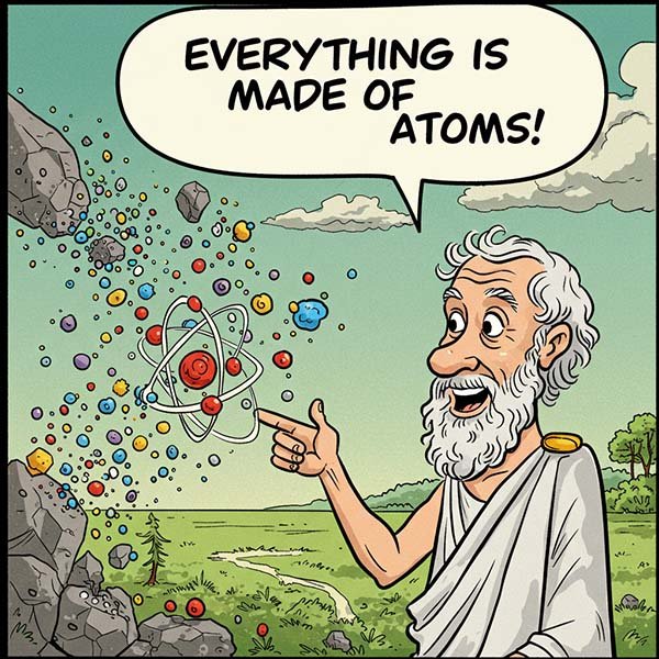Images shows Democritus explaining that all matter is made up of atoms.